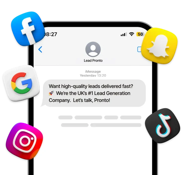 Lead Pronto text message on a phone surrounded by Facebook, Google, Instagram, Snapchat and TikTok icons