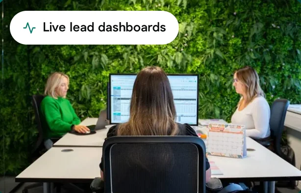 Live lead dashboards on screens in the Pronto office