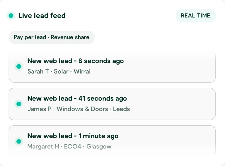 Live lead feed showing new web leads